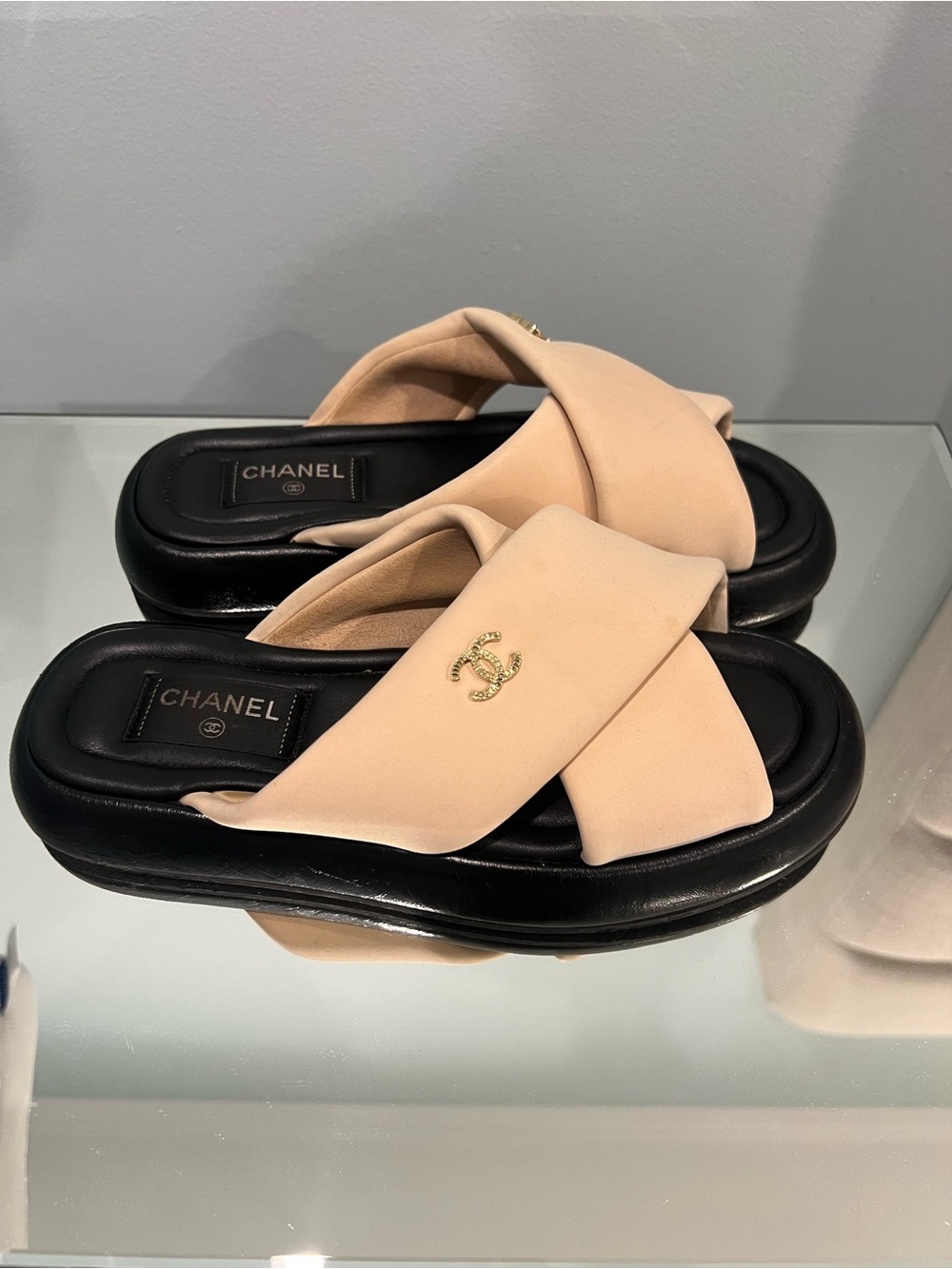 CHANEL Nude Crisscross Logo Slide Sandals